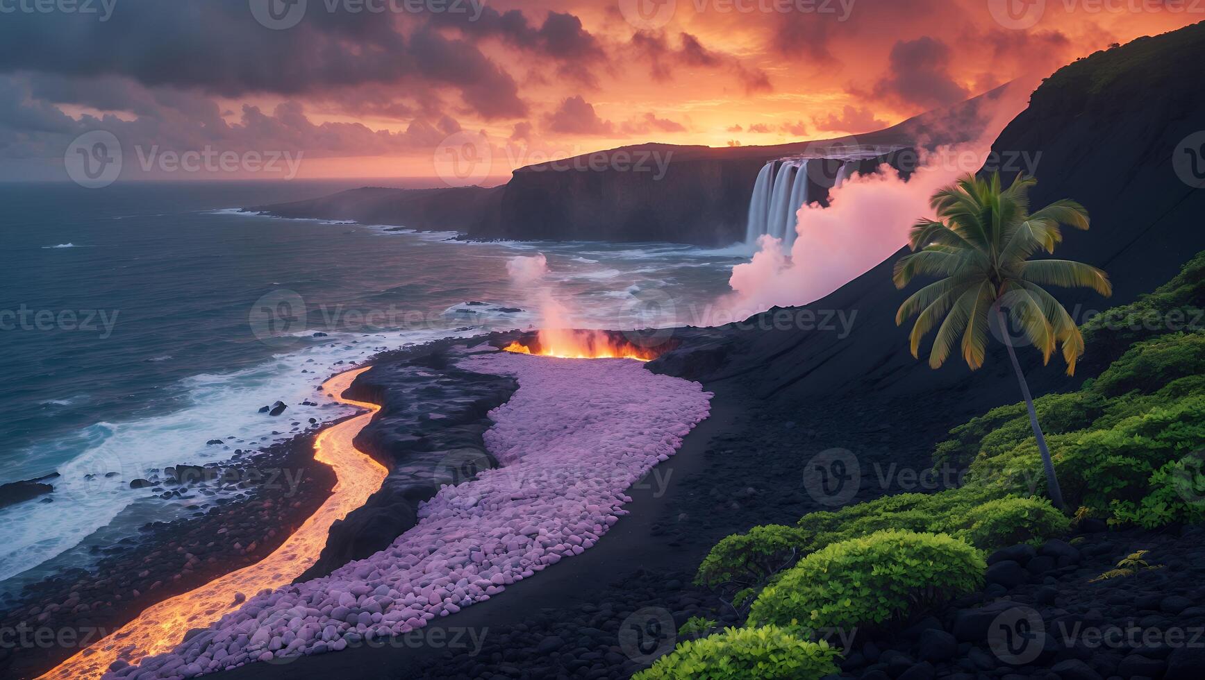 Lava Flowing to Ocean Coastline with Waterfall and Dramatic Sunset photo