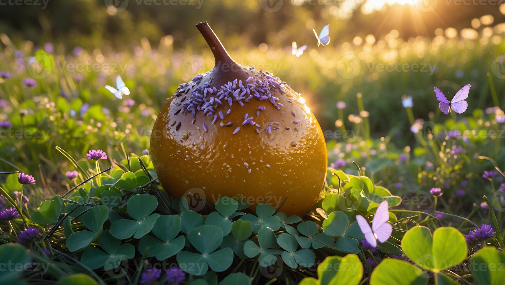 Glowing Orb in Meadow with Clover and Butterflies at Sunset photo