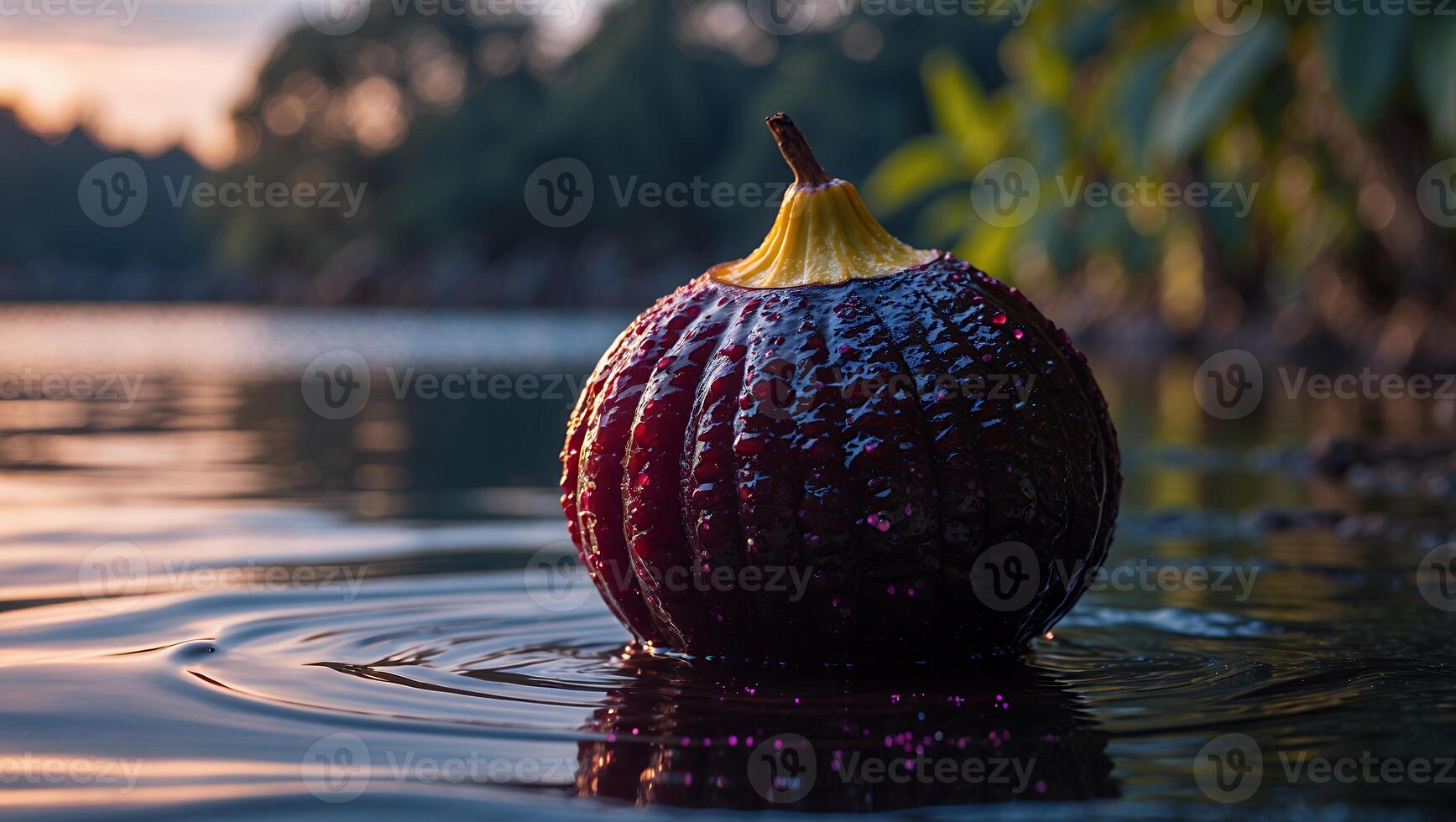 Dark Fruit Floating on Water Surface with Reflection in Nature photo
