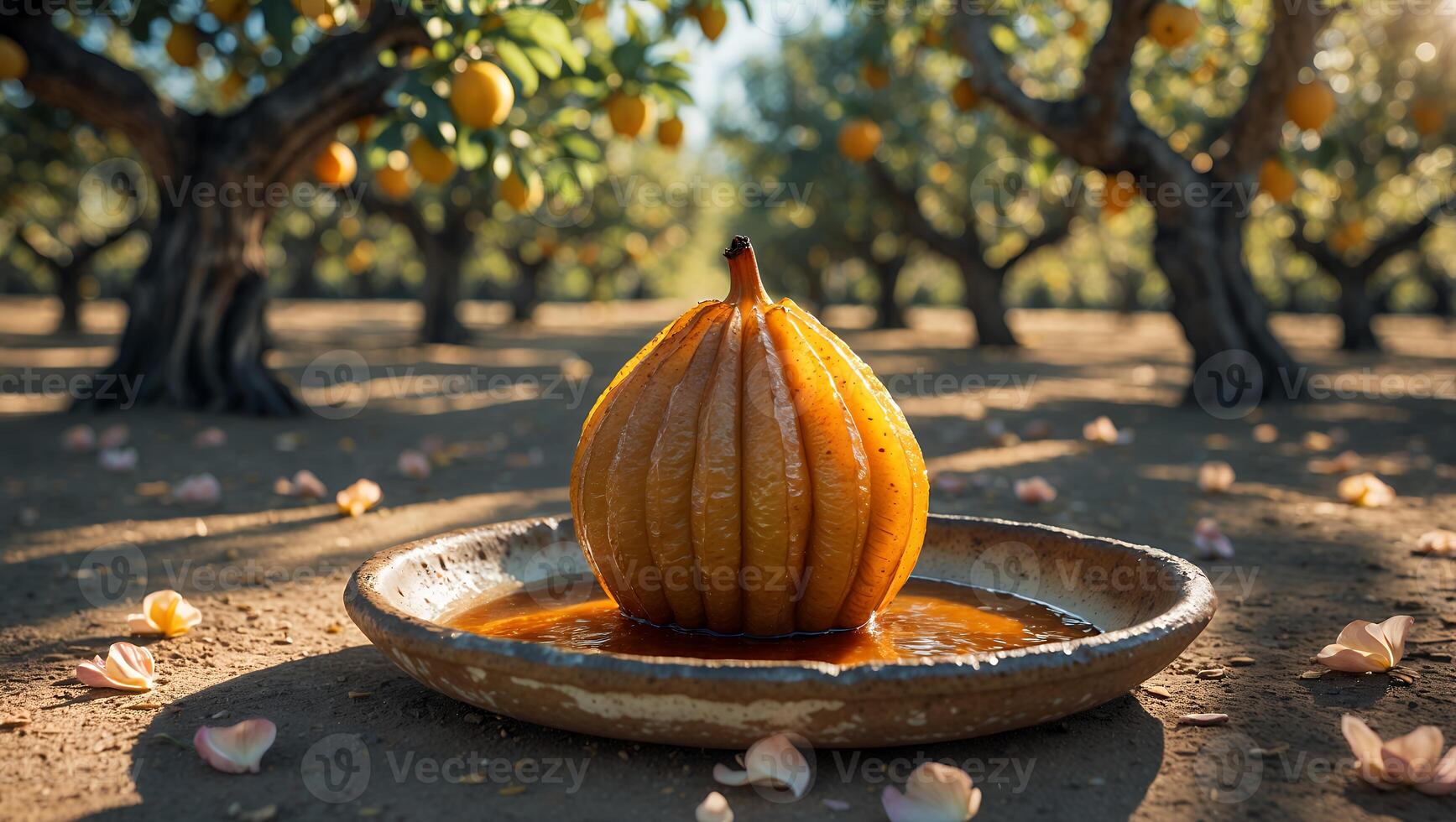 Gourd in Dish at Orchard with Fruit Trees and Fallen Petals photo