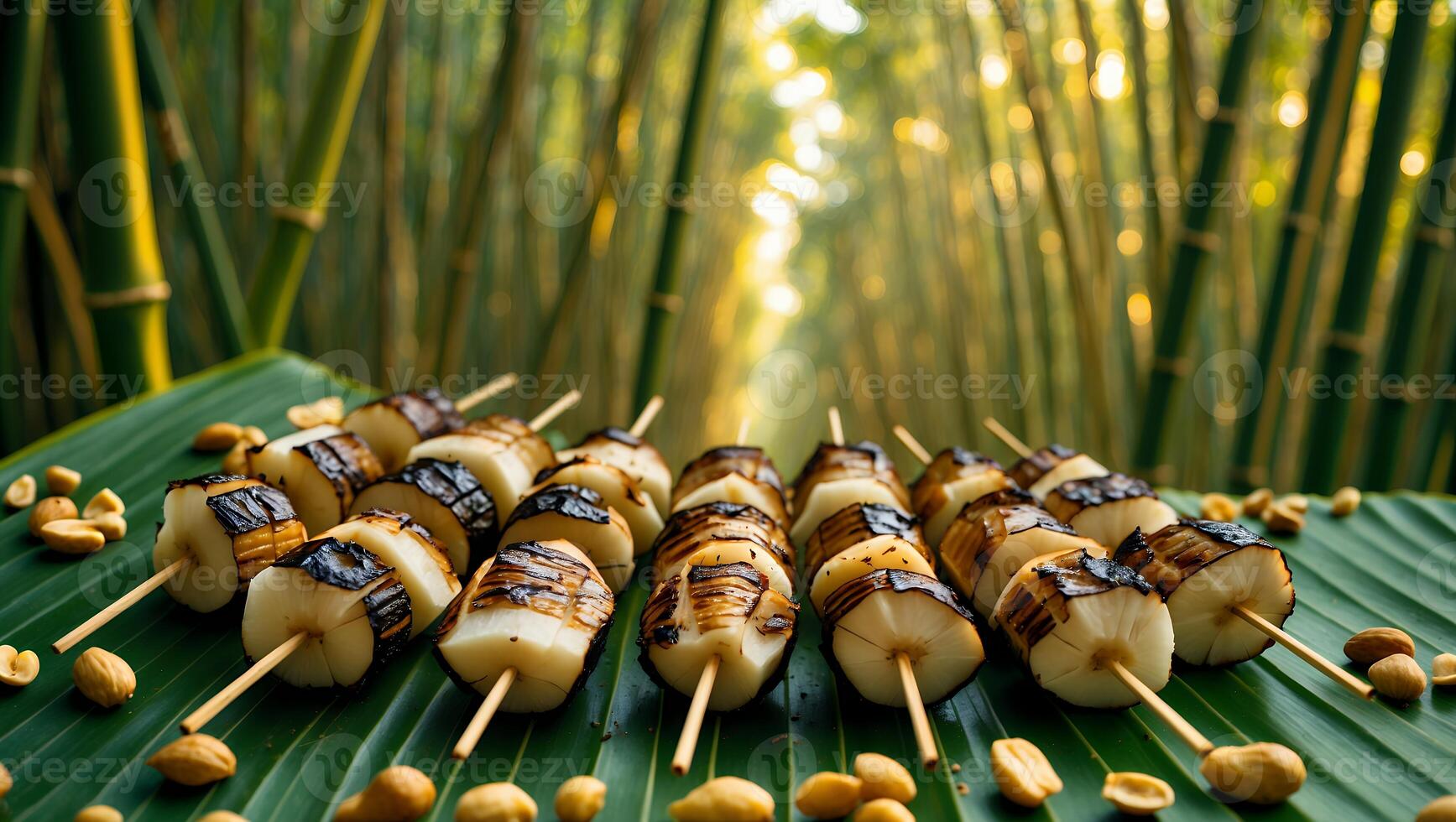 Grilling Skewers with Grilled Marks and Peanuts on Green Leaf photo
