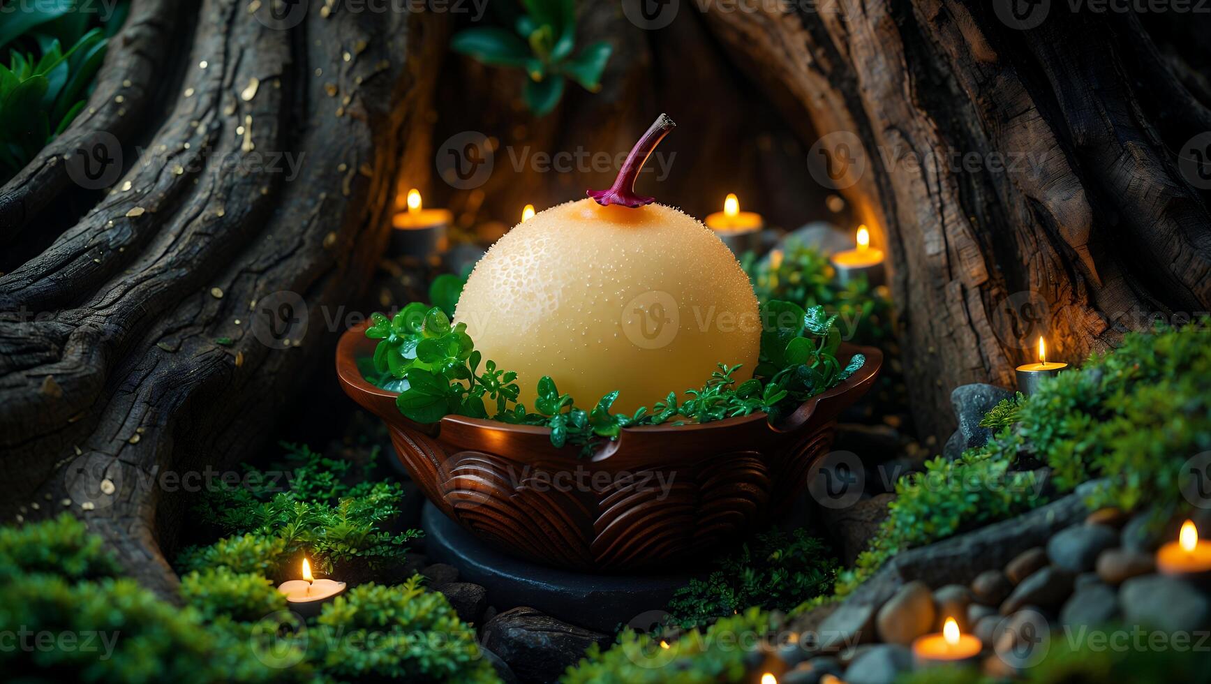Spherical Object in a Bowl Surrounded by Candles in Wood Setting photo