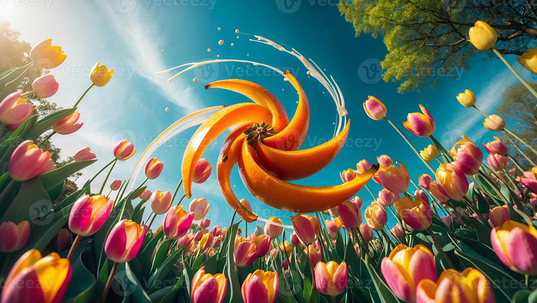 Tulips and Floating Oranges in Dreamy Sky Swirls Artistic Composition photo