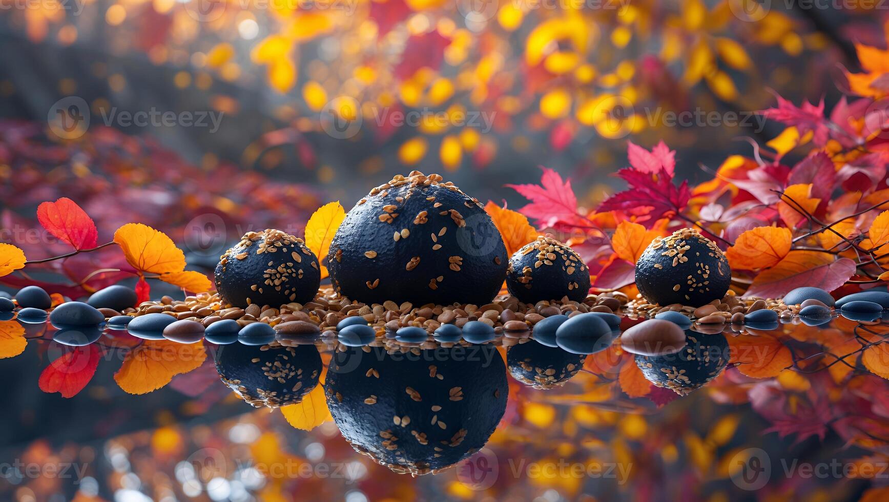 Black Stone Art on Reflection with Autumn Leaves Background photo