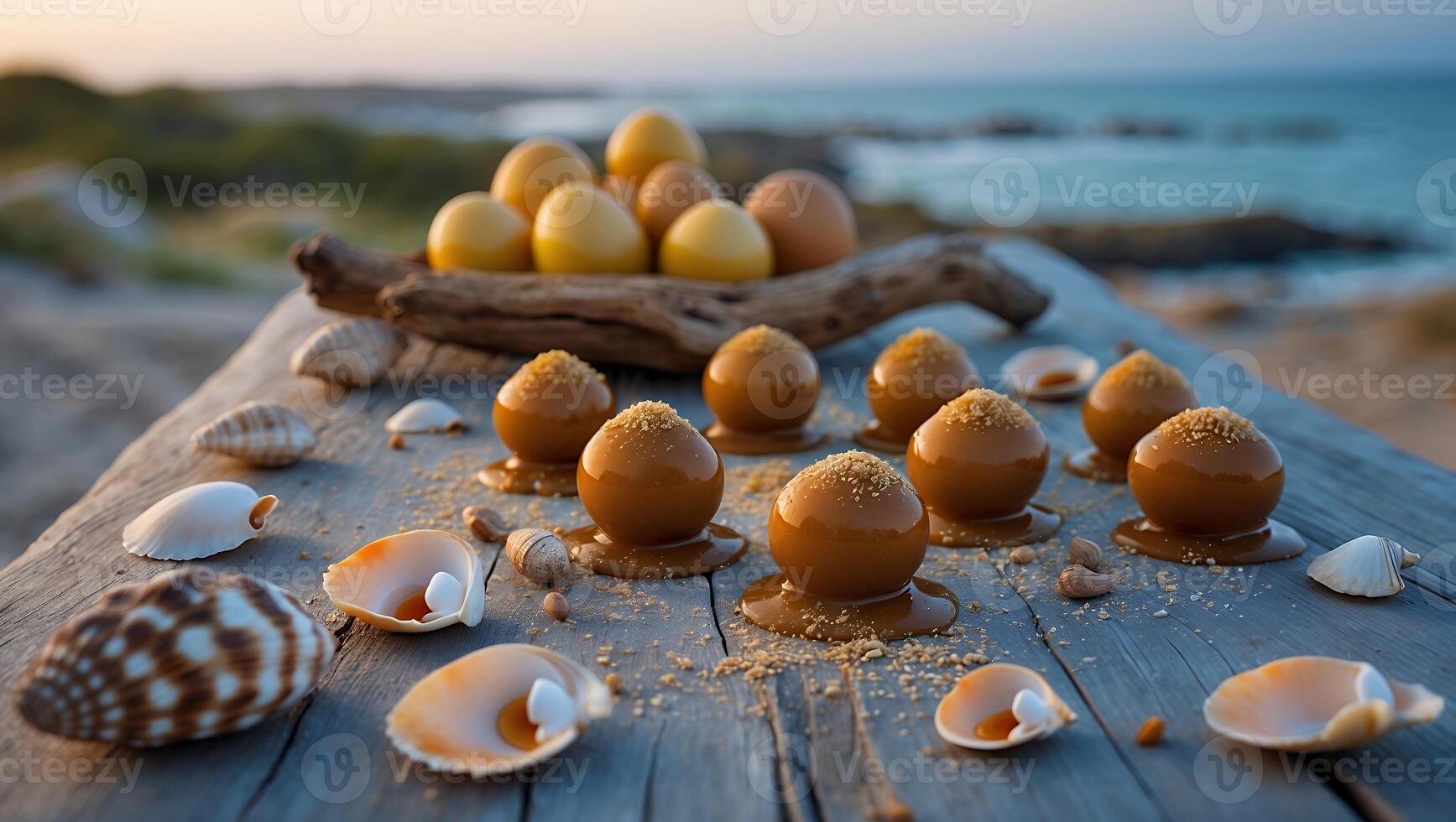 Sweet Treats on Beach with Seashells and Ocean View Backdrop photo
