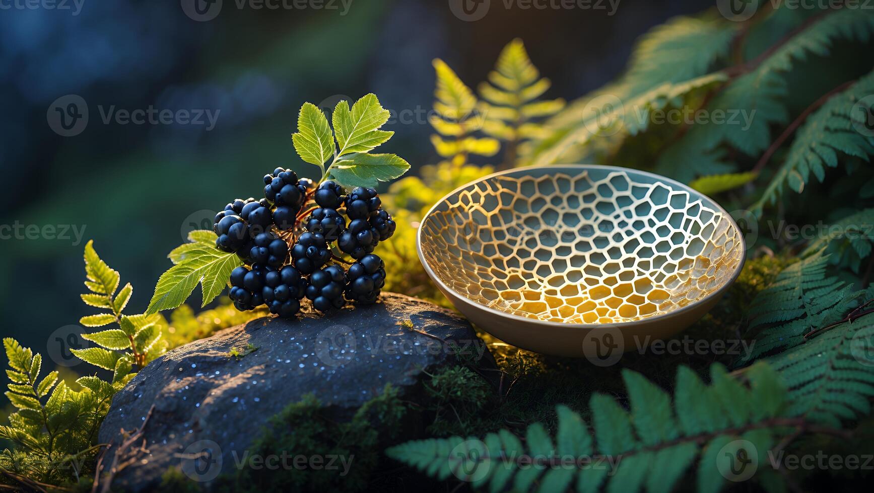 Displaying Blackberries and Golden Bowl with Ferns in a Forest Setting photo