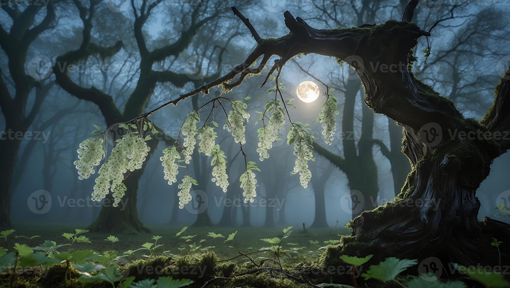 Glowing Moon Shines Through Forest with Hanging Floral Blossoms photo