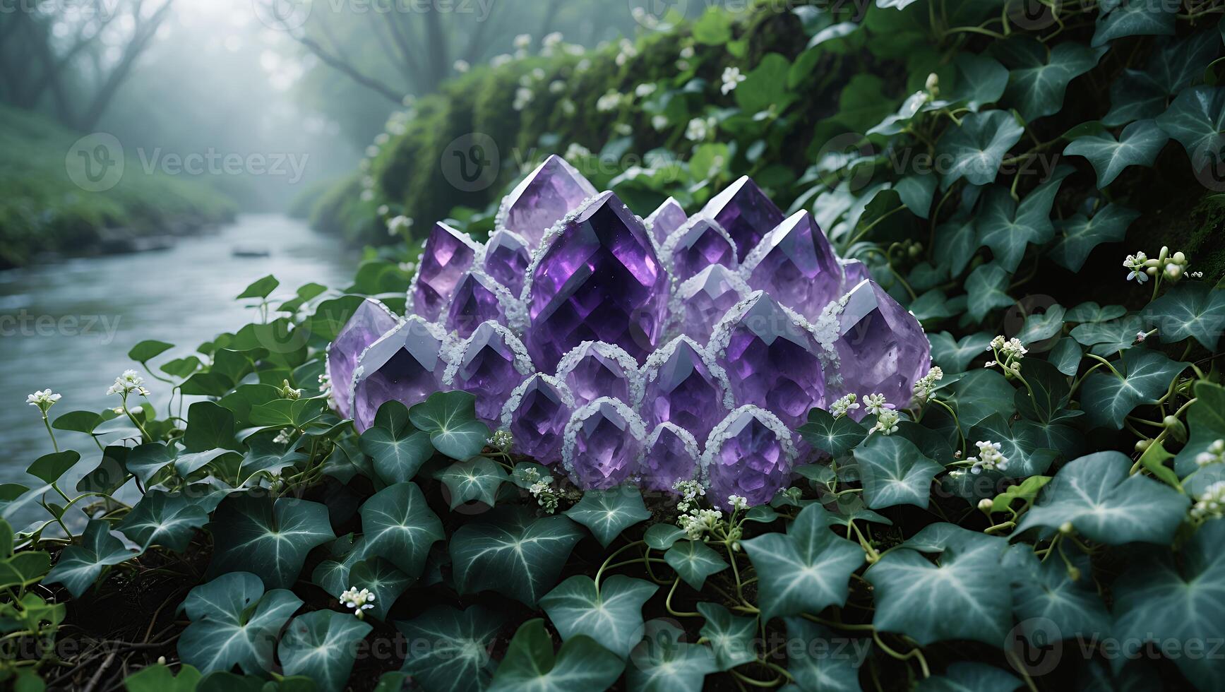 Amethyst Crystal Cluster Nestled in Greenery by Misty Forest Stream photo