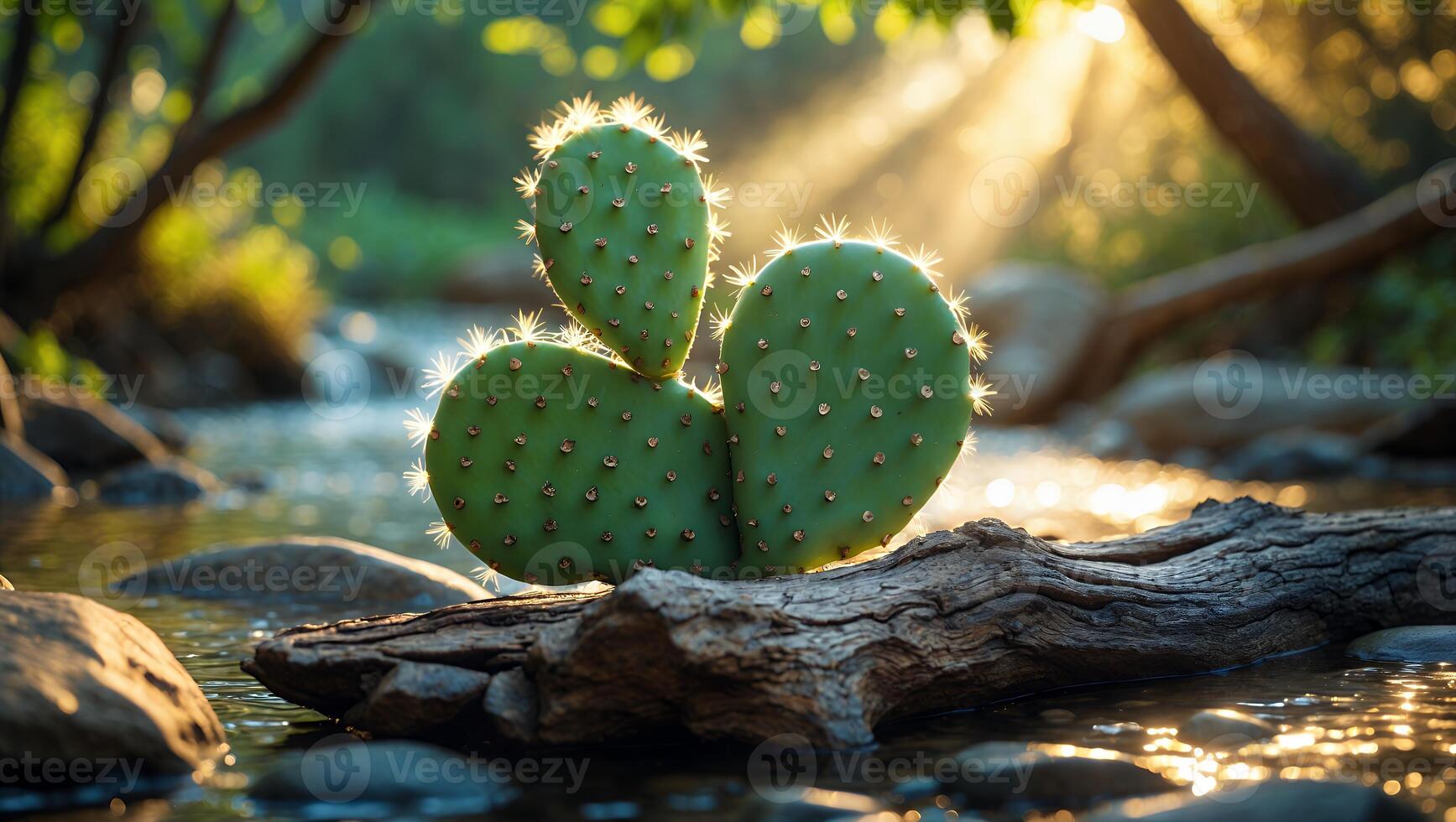 Prickly Pear Cactus Pad Resting on Log by Flowing River photo