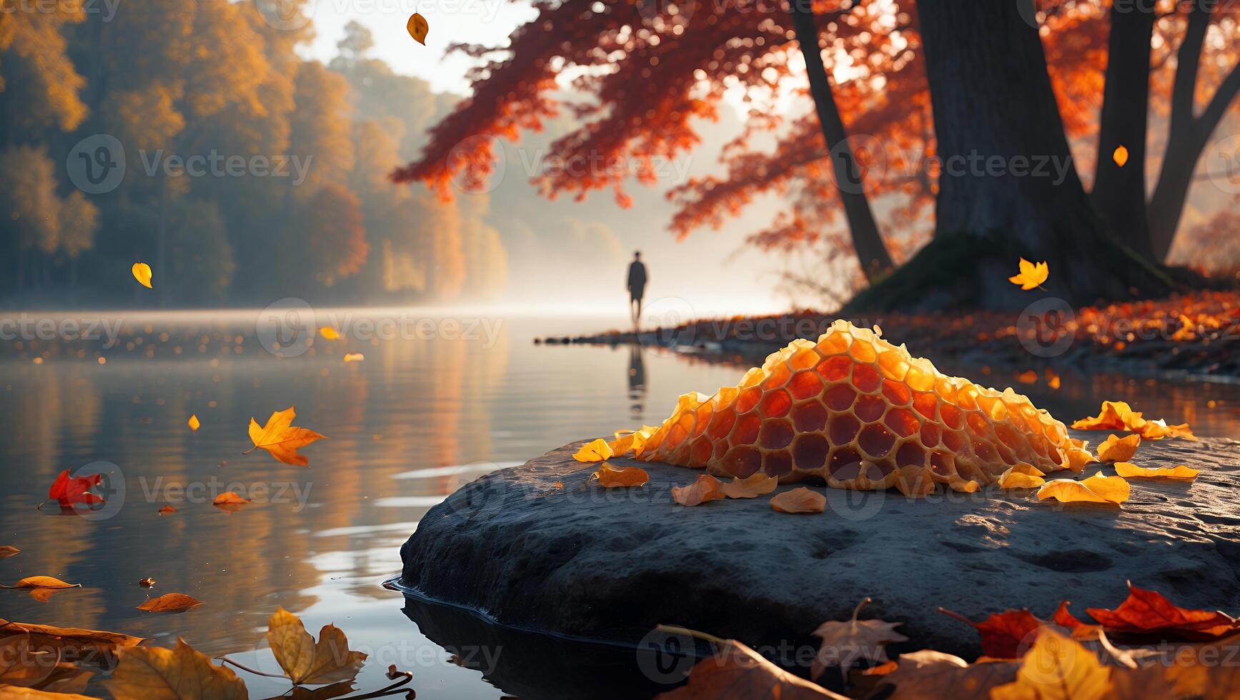 Autumnal Lake Scene with Falling Leaves and Natural Honeycomb Shape photo