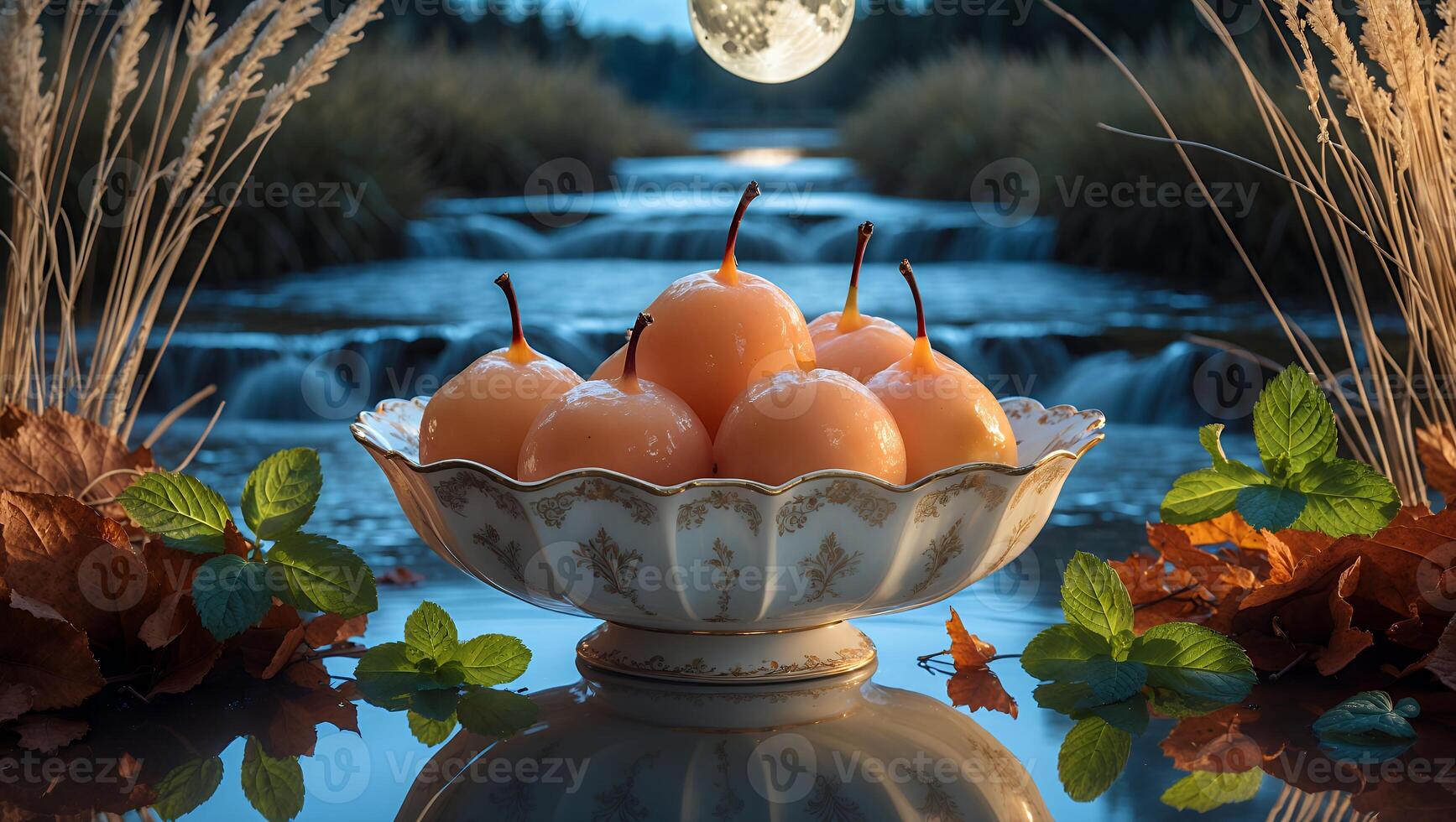 Pears in Bowl by Waterfall Under Moonlight with Autumn Leaves photo