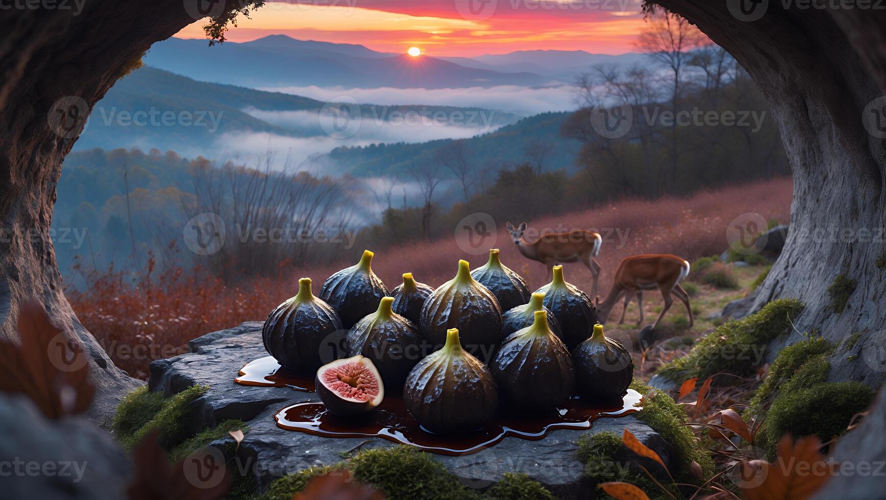 Figs on Stone with Mountain View and Deer at Sunset photo