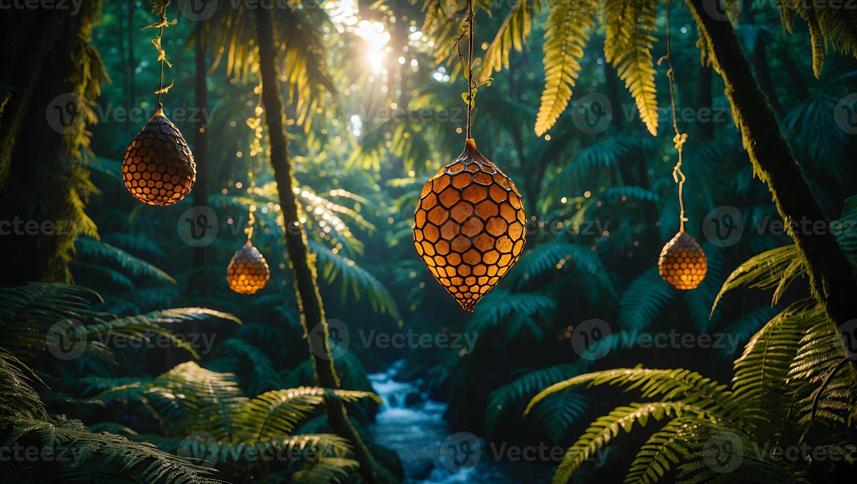 Ornate Hanging Decorations in Lush Forest Scene with Stream photo