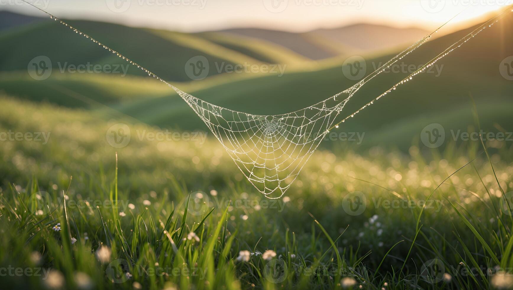 Spiderweb with Dew Drops in Green Field at Sunrise photo