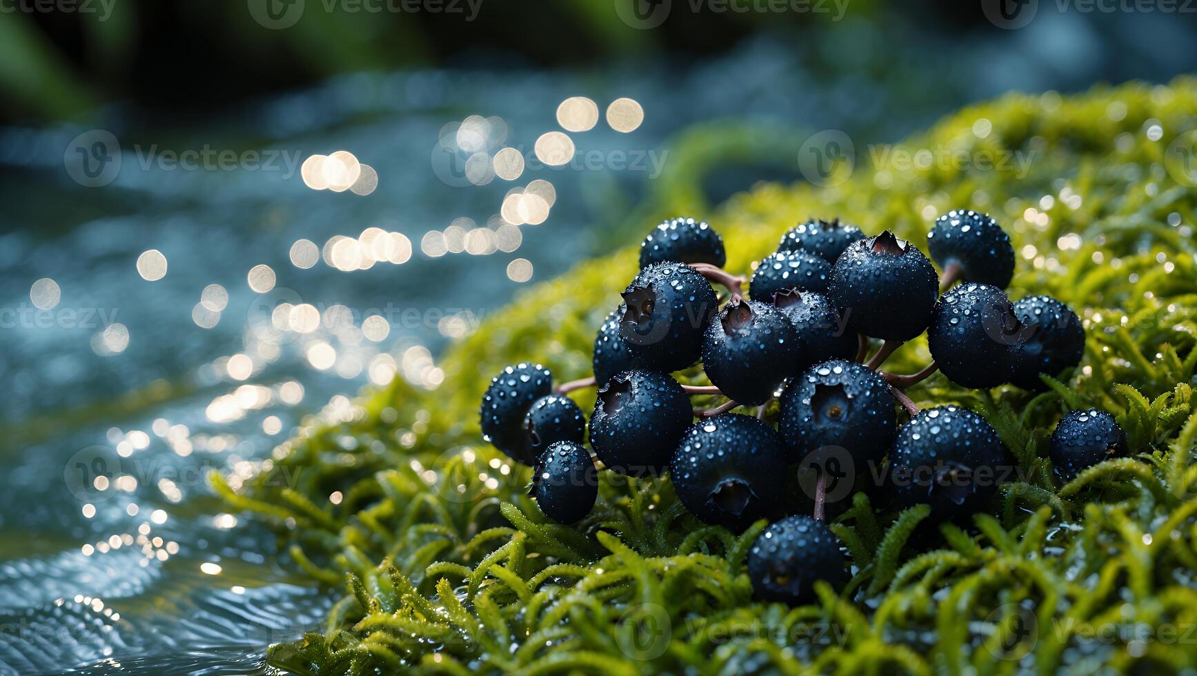 Fresh Blueberries with Water Droplets on Moss Near Flowing Water photo
