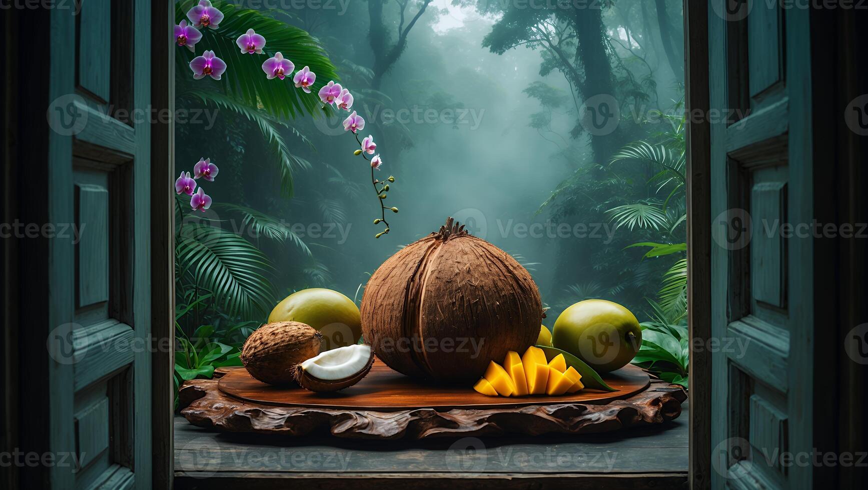 Tropical Fruit Arrangement Seen Through Open Window with Jungle Background photo