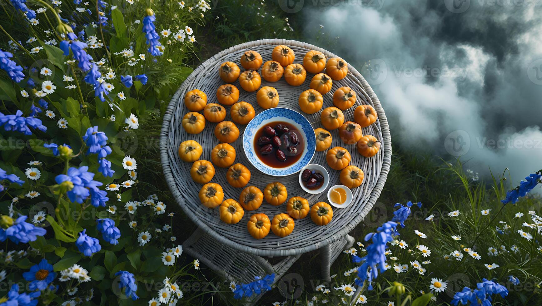 Serving Fruit on Table in Meadow with Wildflowers and Cloudscape photo