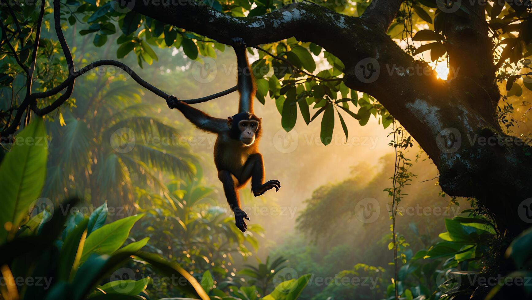 Monkey Hanging From Branch in Jungle with Sun in Background photo