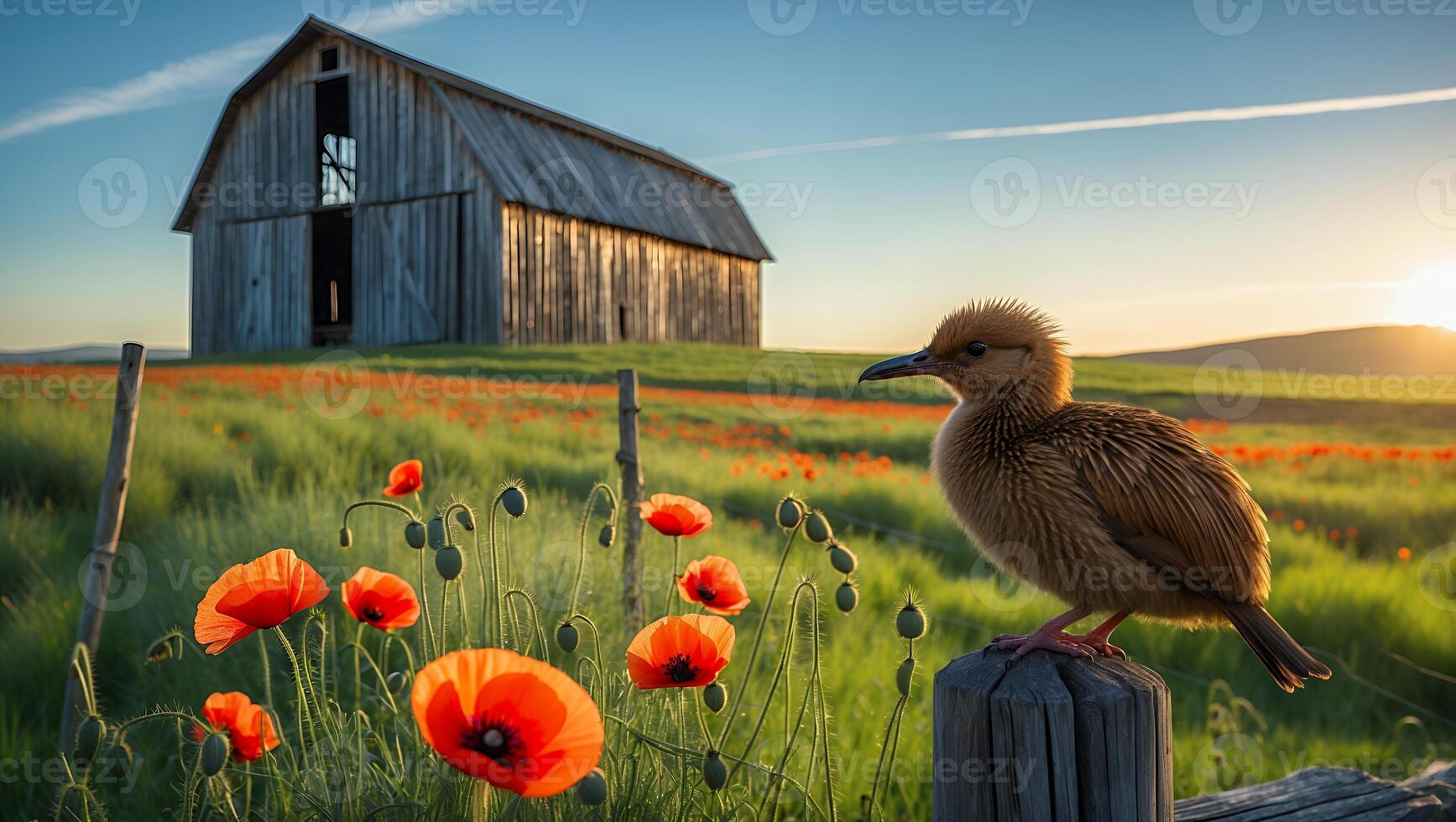 Bird Sitting on Fence in Field of Red Poppies at Sunset photo