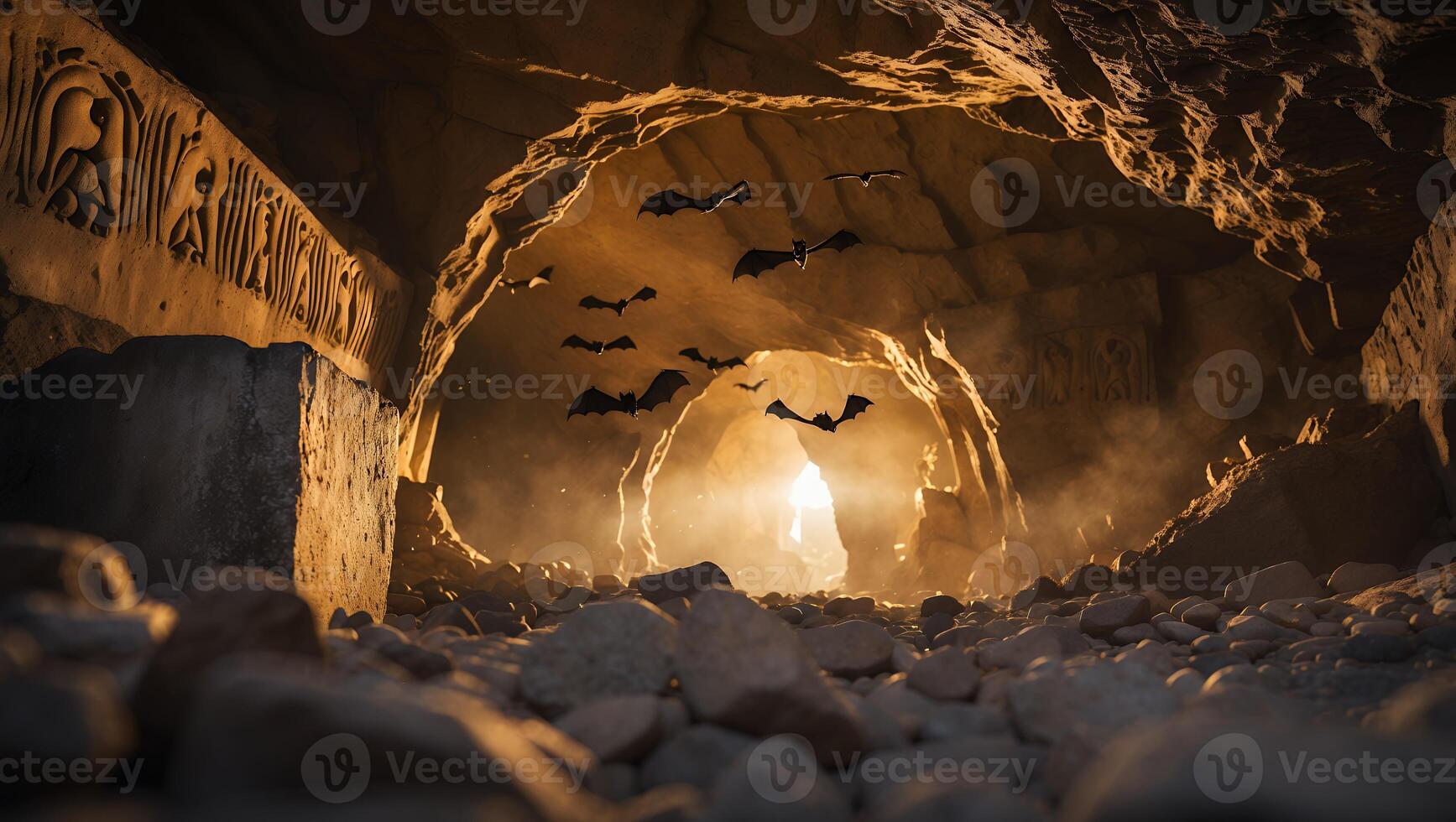 Bat Flying in Ancient Cave with Engravings photo