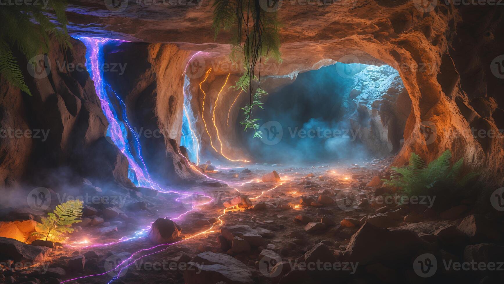 Cave with Glowing Energy Streams and Fern Plants photo