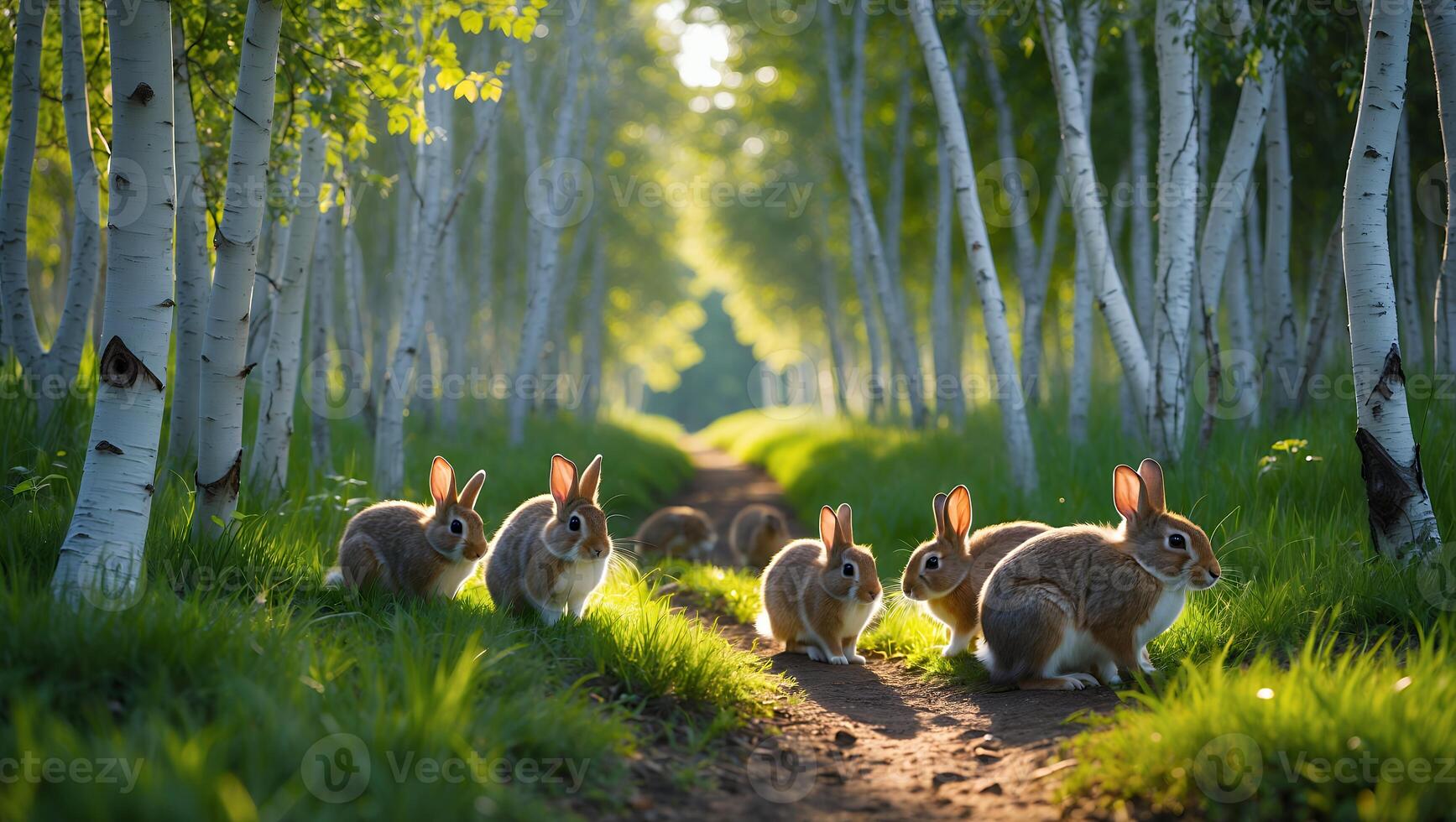 Rabbits on Path in Birch Tree Forest photo