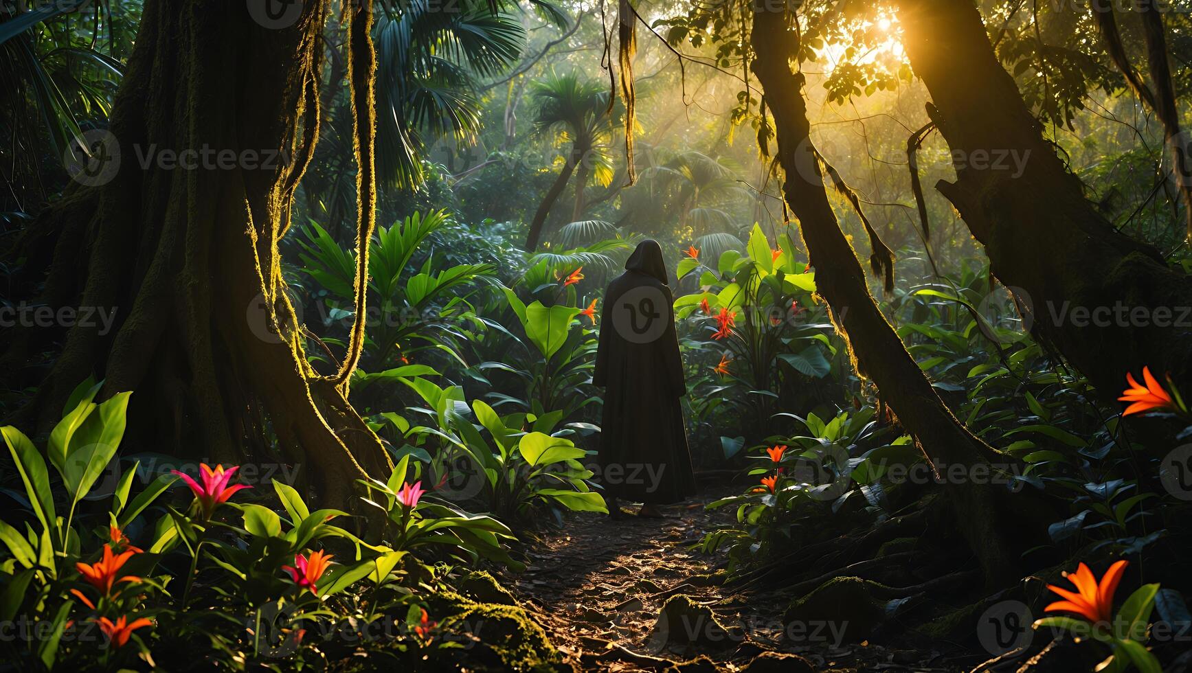 Person in Robe Walking Through Jungle Forest Path photo