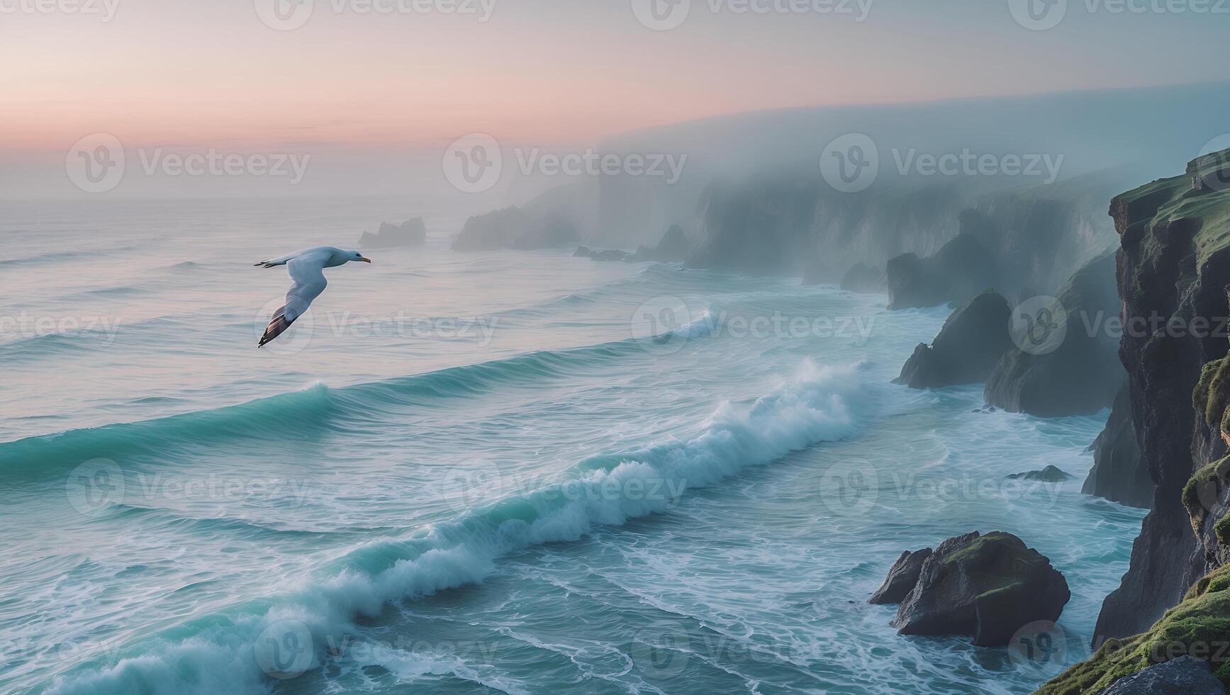 Seagull Flying Over Ocean Waves on Foggy Coastline at Dawn photo