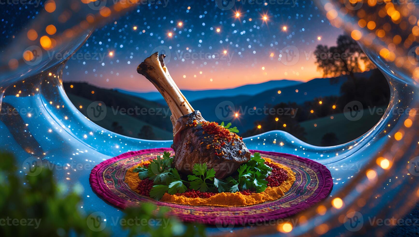 Roasted Lamb Shank on Plate with Night Sky photo