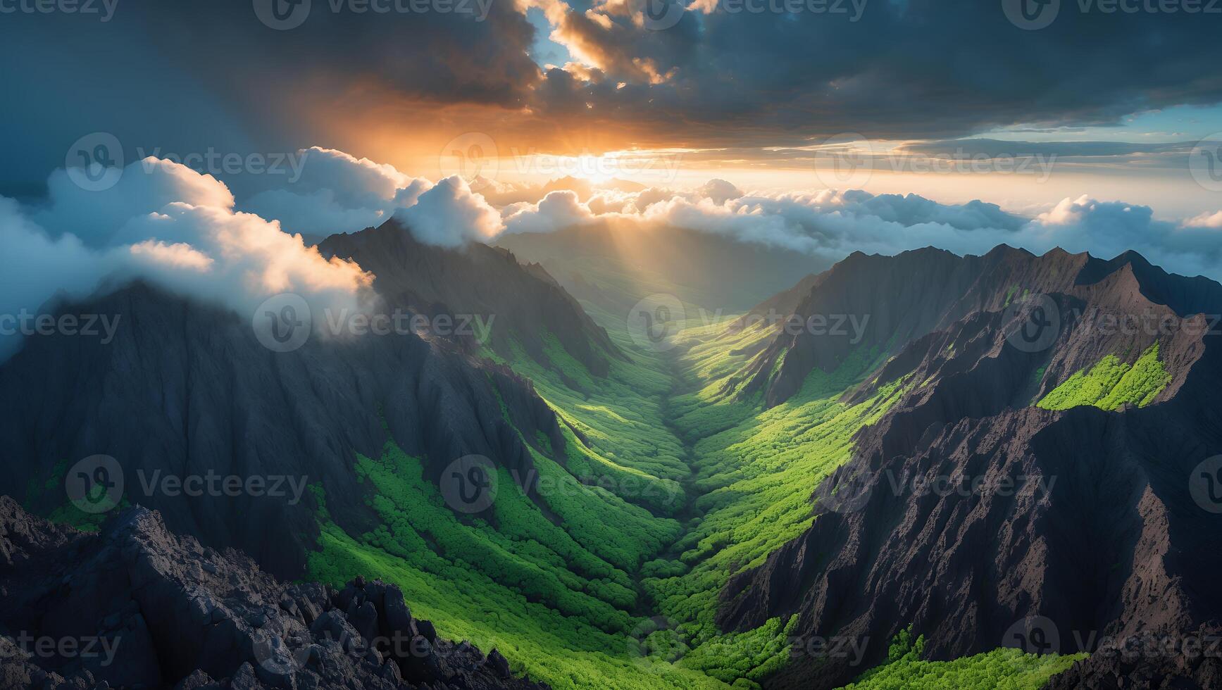 Mountain Valley Landscape with Clouds and Sunlight photo