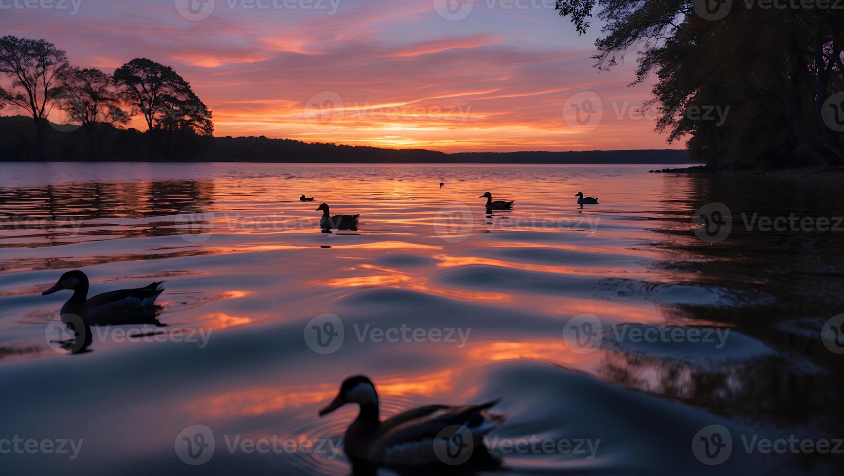 Duck Swims on Lake During Scenic Sunset Sky Landscape photo
