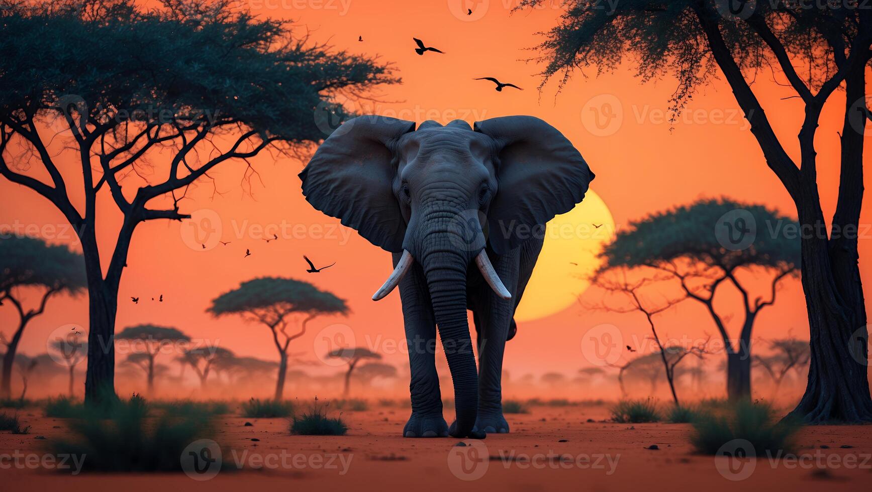 An elephant walking through the savannah at sunset photo