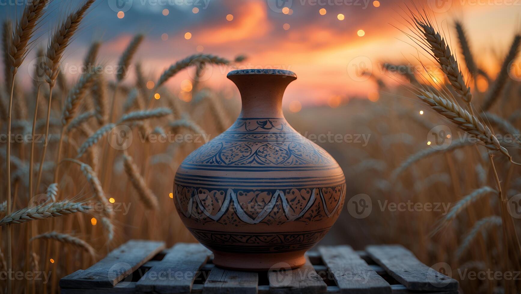 Earthenware Vase Displayed Among Wheat at Sunset on Wooden Surface photo