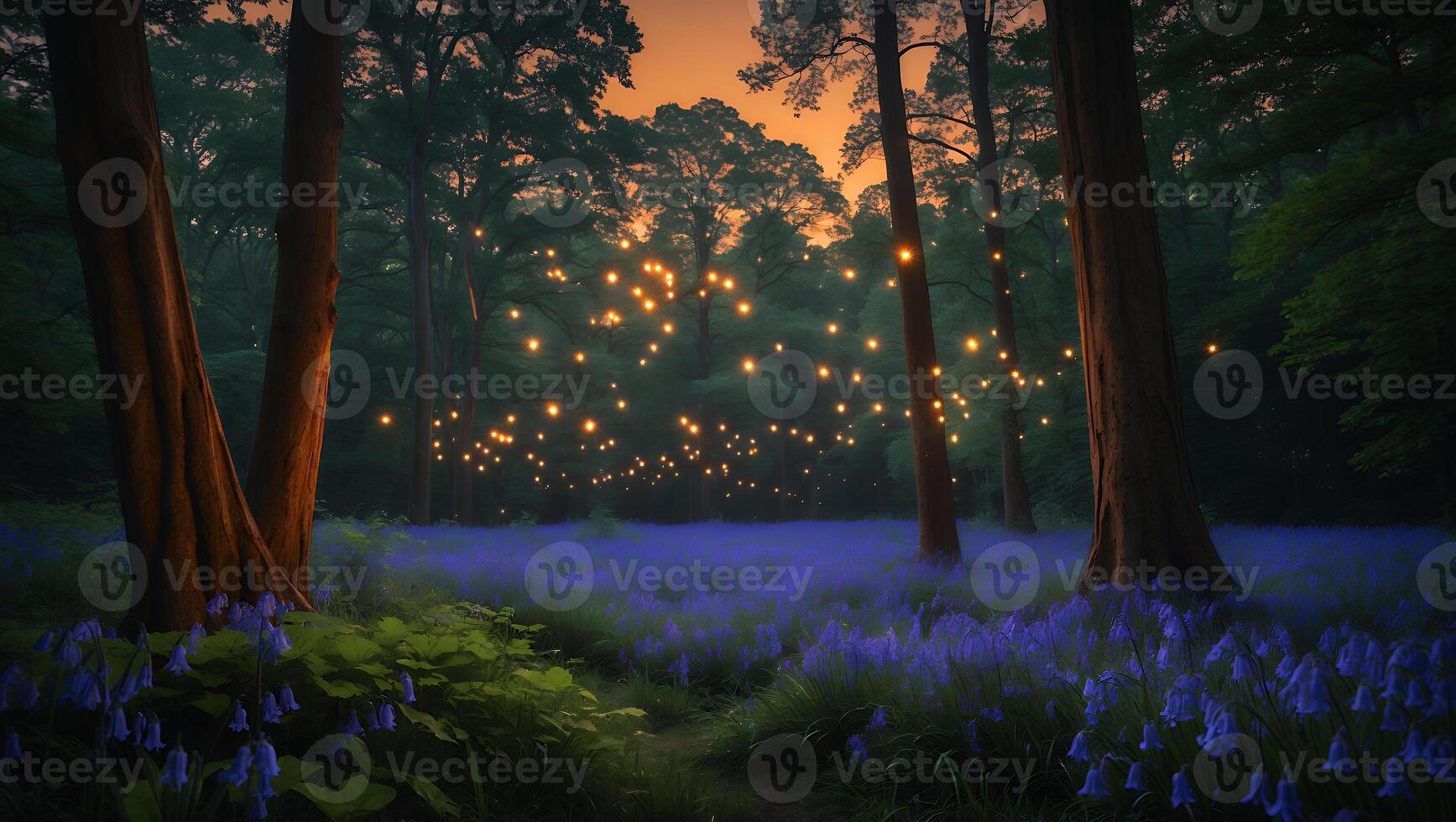 Enchanted Forest Path with Bluebells and Glowing Lights at Dusk photo