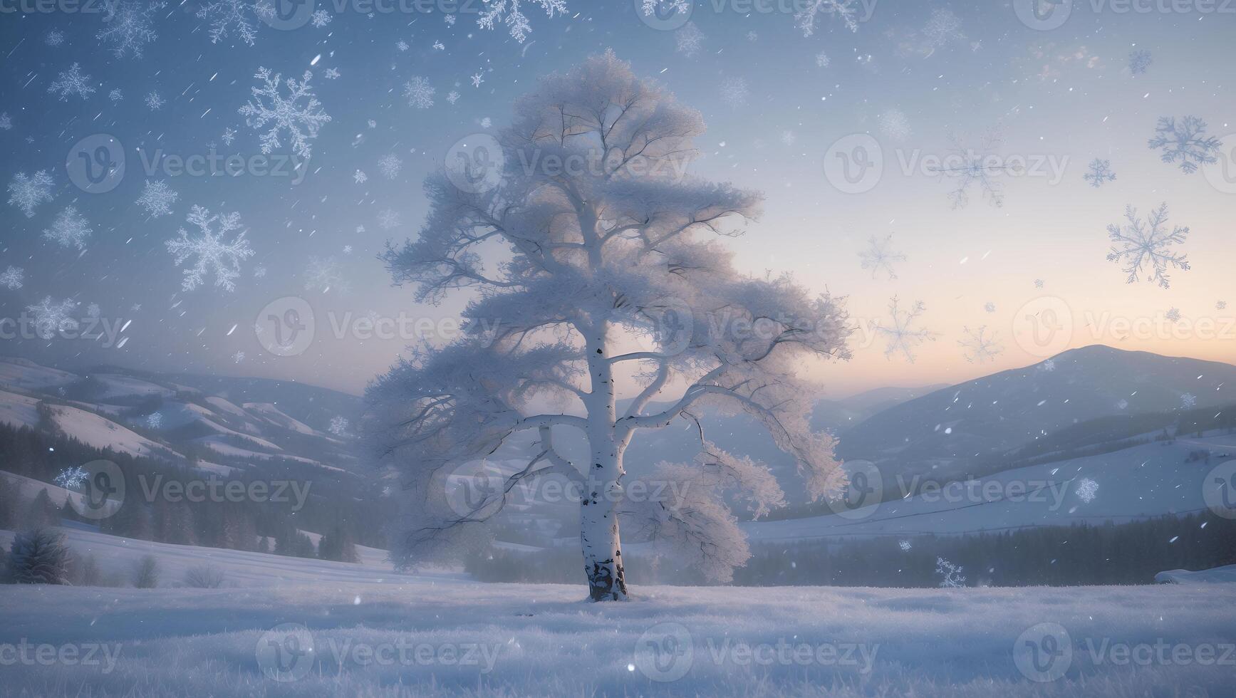 Snow Covered Tree Stands Alone in Winter Landscape with Falling Snow photo