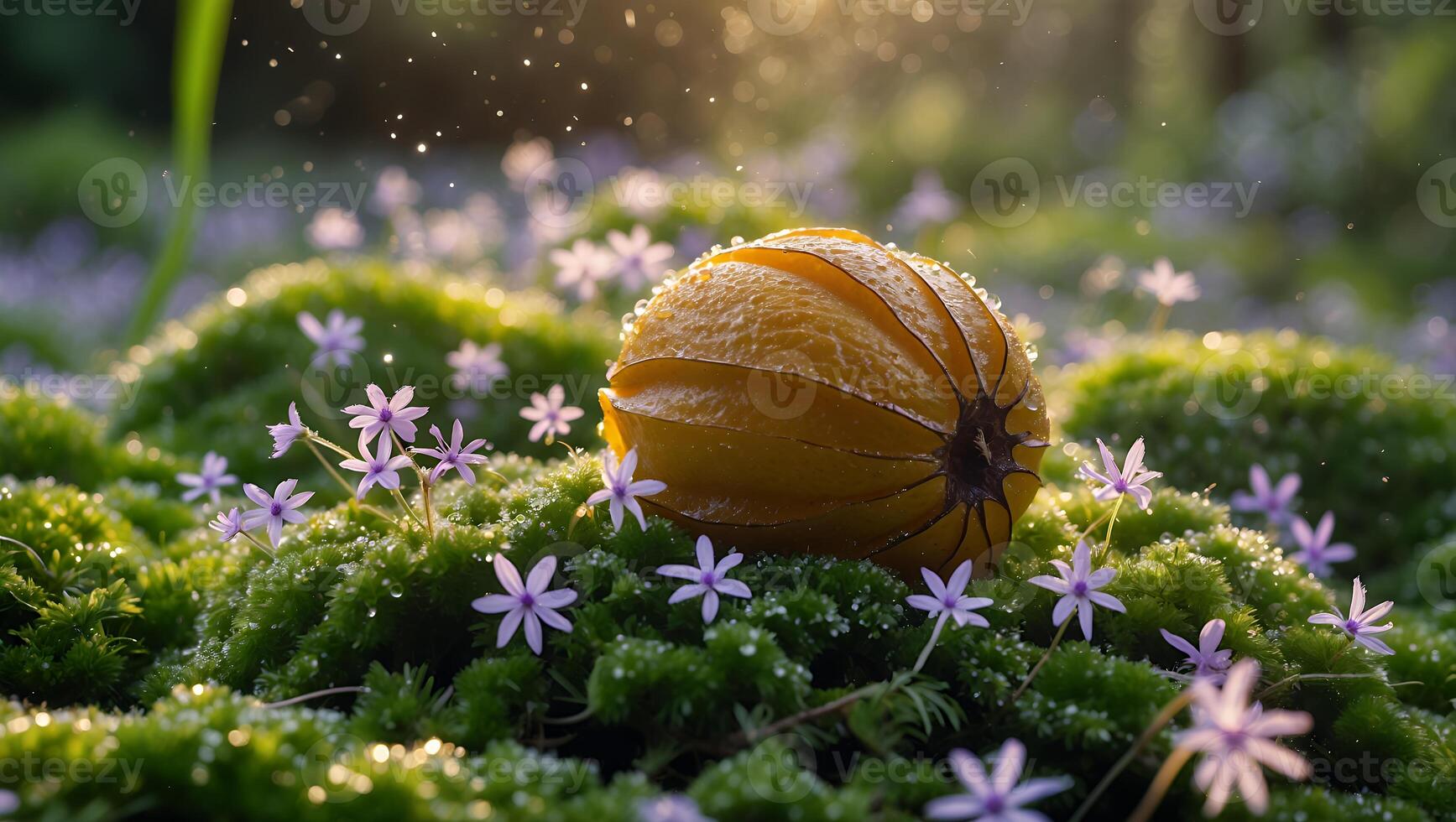 Physalis Fruit Lying on Moss with Dew and Tiny Purple Flowers photo
