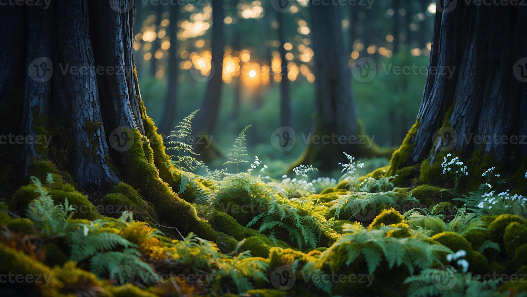 Mossy Forest Floor with Ferns and Sunlit Trees in Background photo