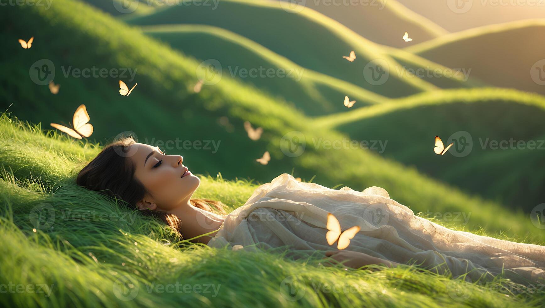 Woman Lying on Grass Surrounded by Butterflies in Rolling Hills photo