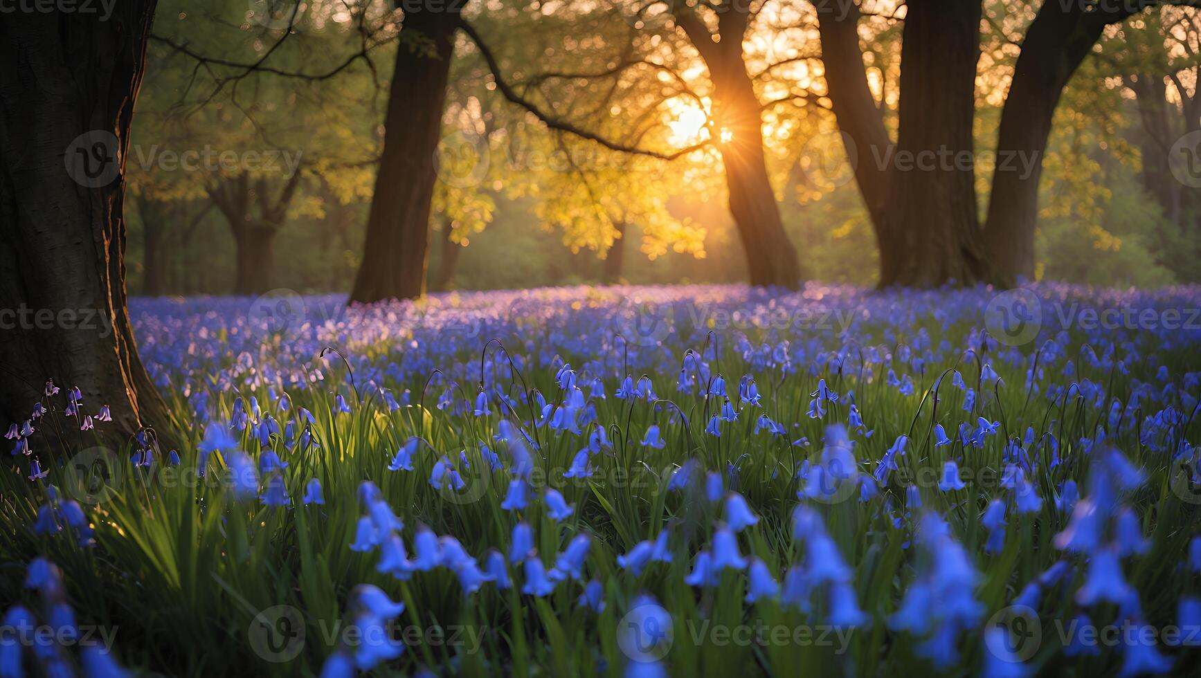 Bluebells Blooming in Woodland with Sunlight Shining Through the Trees photo