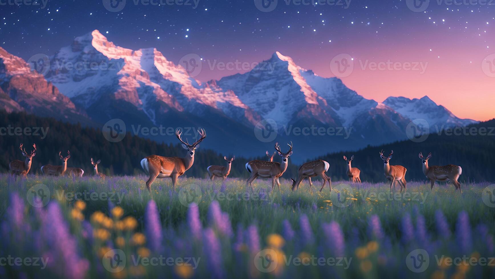 Deer Herd Grazing in Mountain Meadow at Dusk with Starry Sky photo