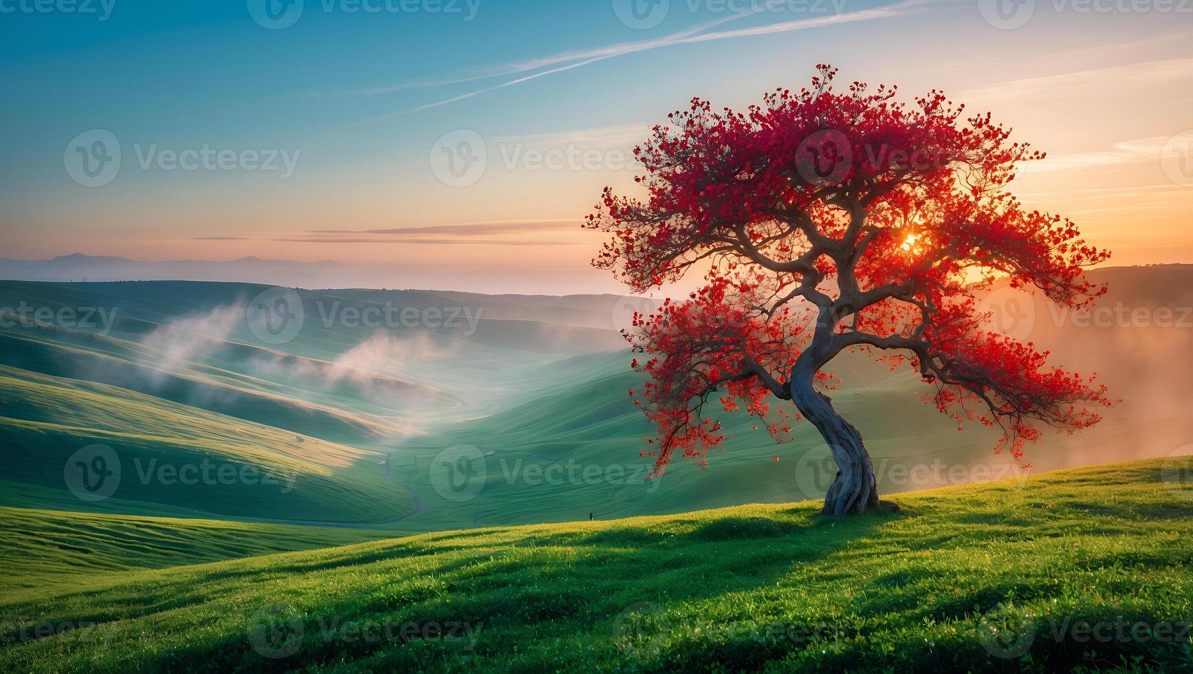 Lone Tree with Red Leaves on Green Hills at Golden Hour photo