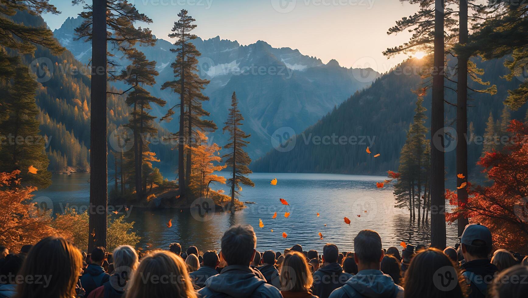 Crowd Gazing at Autumn Foliage Falling by a Serene Mountain Lake photo