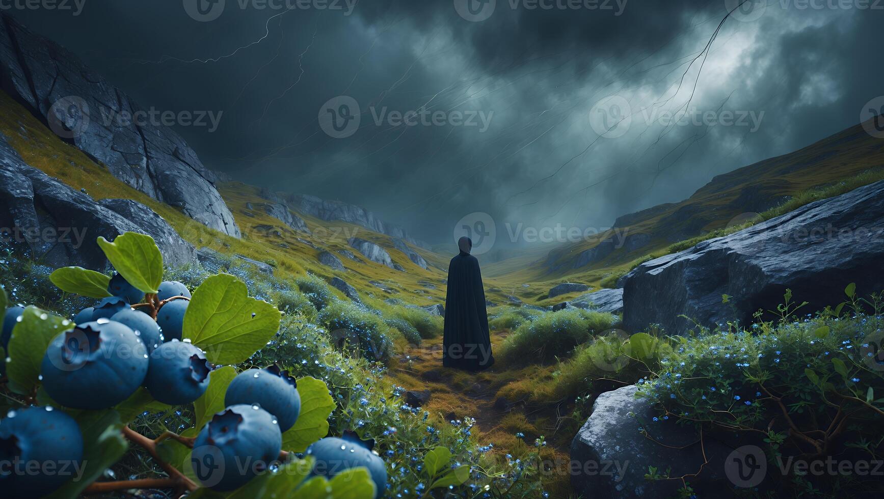 Person Walking on Path in Gloomy Landscape with Blueberries photo