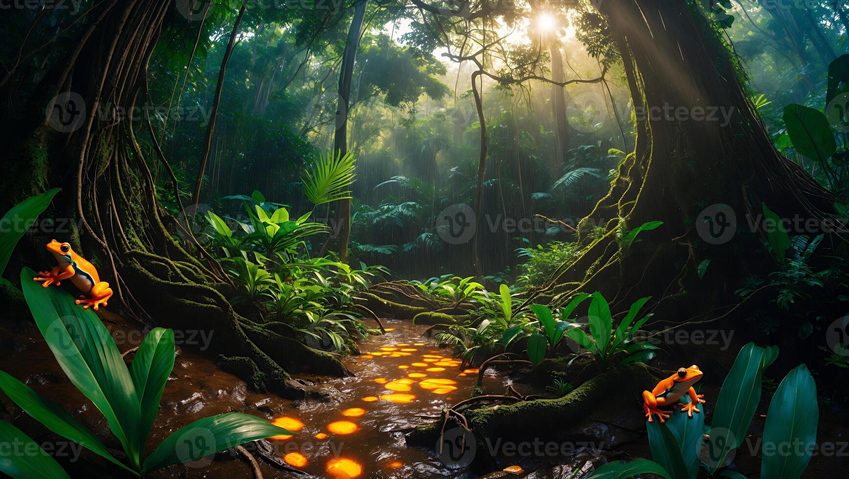 Frog Resting in Lush Rainforest with Glowing Stream and Sunlight photo