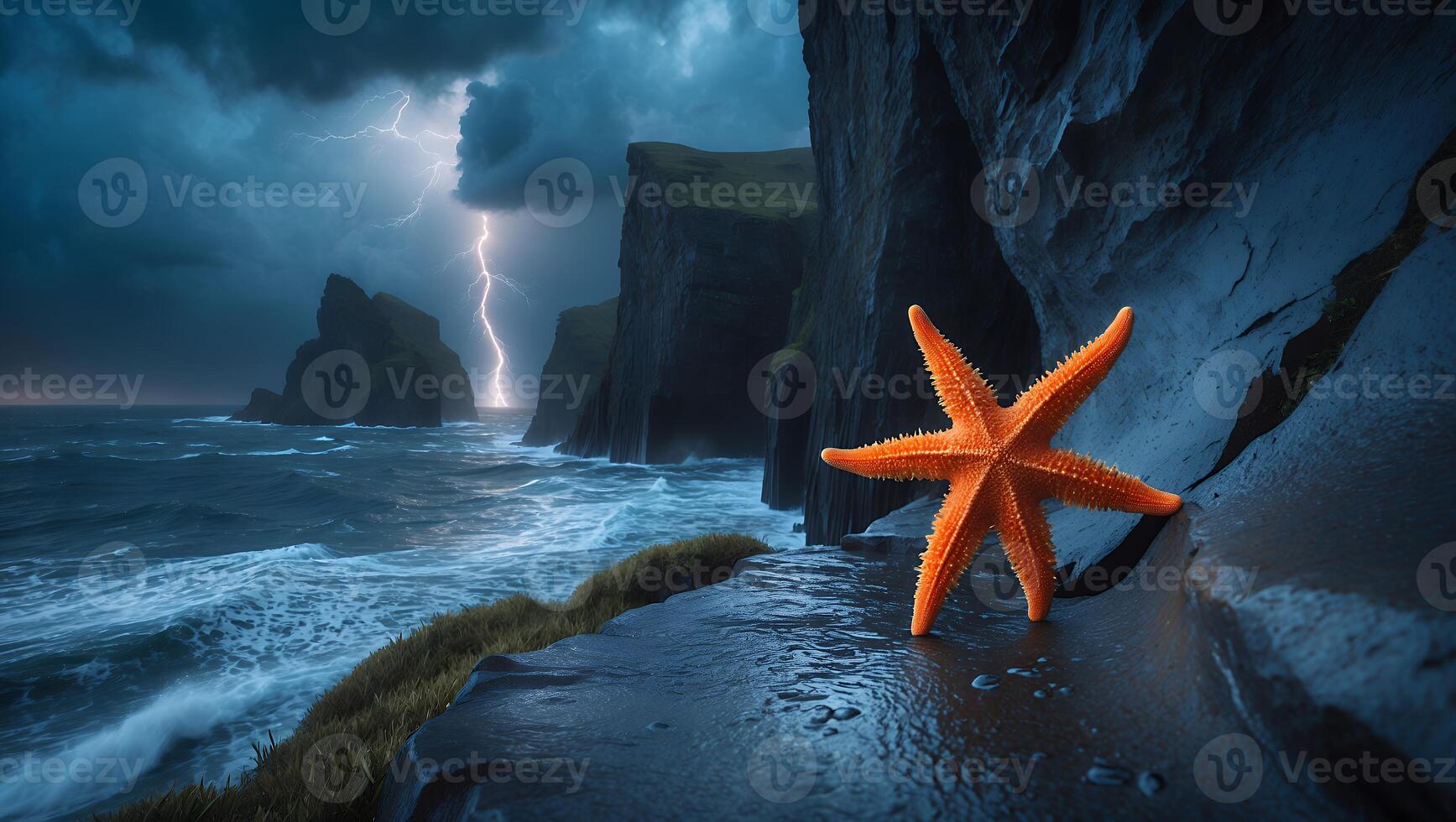 Starfish on Rocky Coastline During Lightning Storm Over the Sea photo