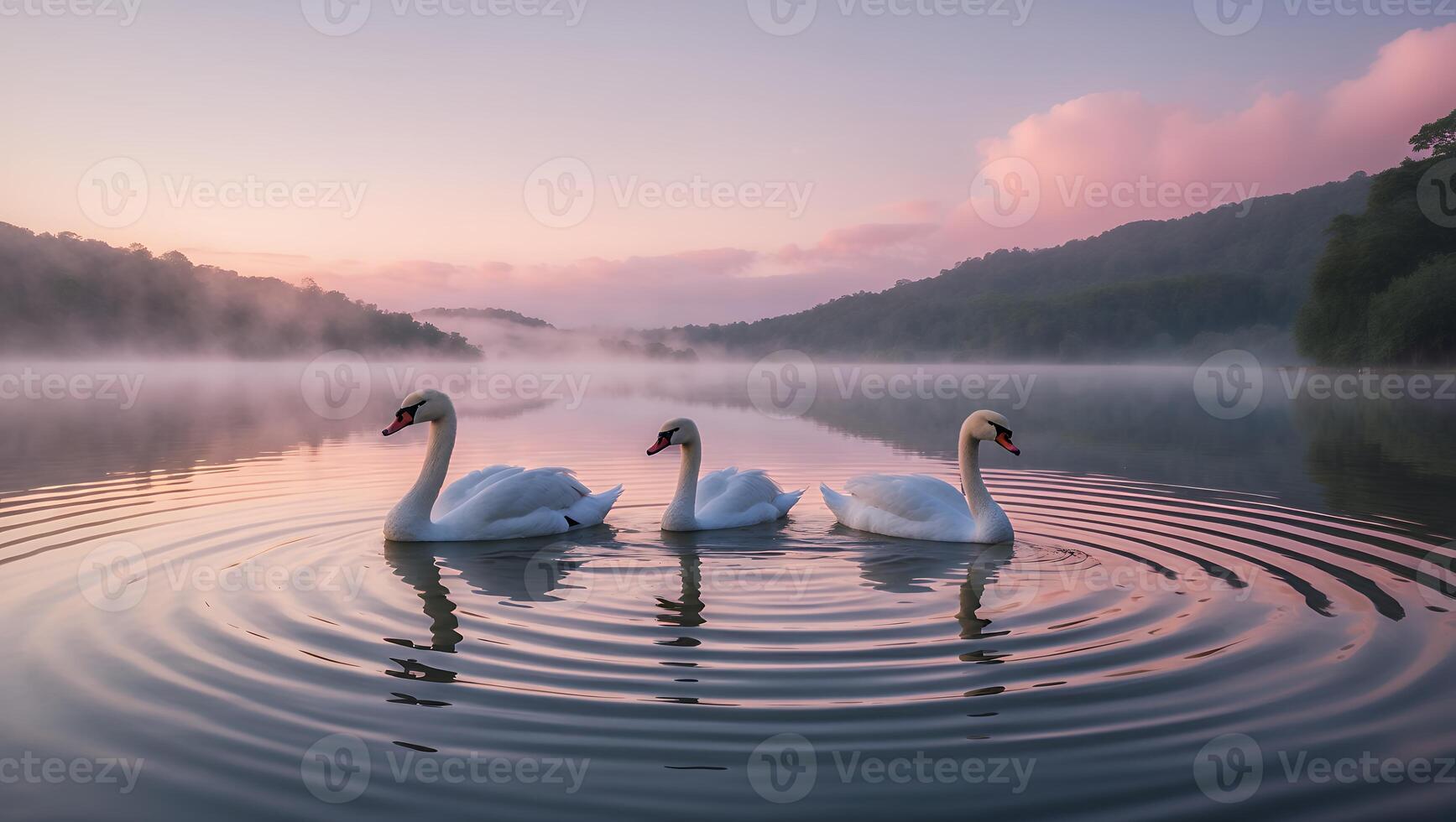 Swans Swimming on Lake at Dawn Surrounded by Fog and Trees photo