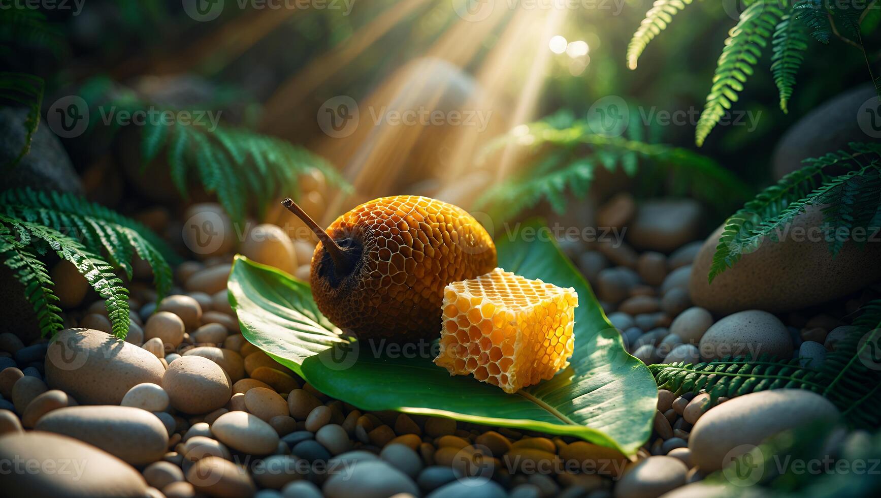 Honey and Fruit on Green Leaf with Sunlight in Jungle Setting photo