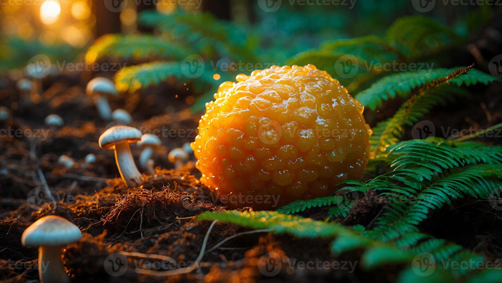 Unusual Orange Fungus Glowing in Forest Setting Surrounded by Mushrooms photo