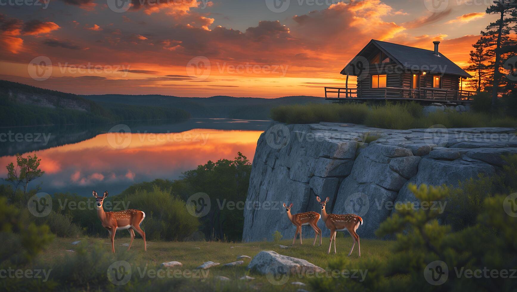 Deer by Log Cabin on Cliff Overlooking Lake at Sunset photo