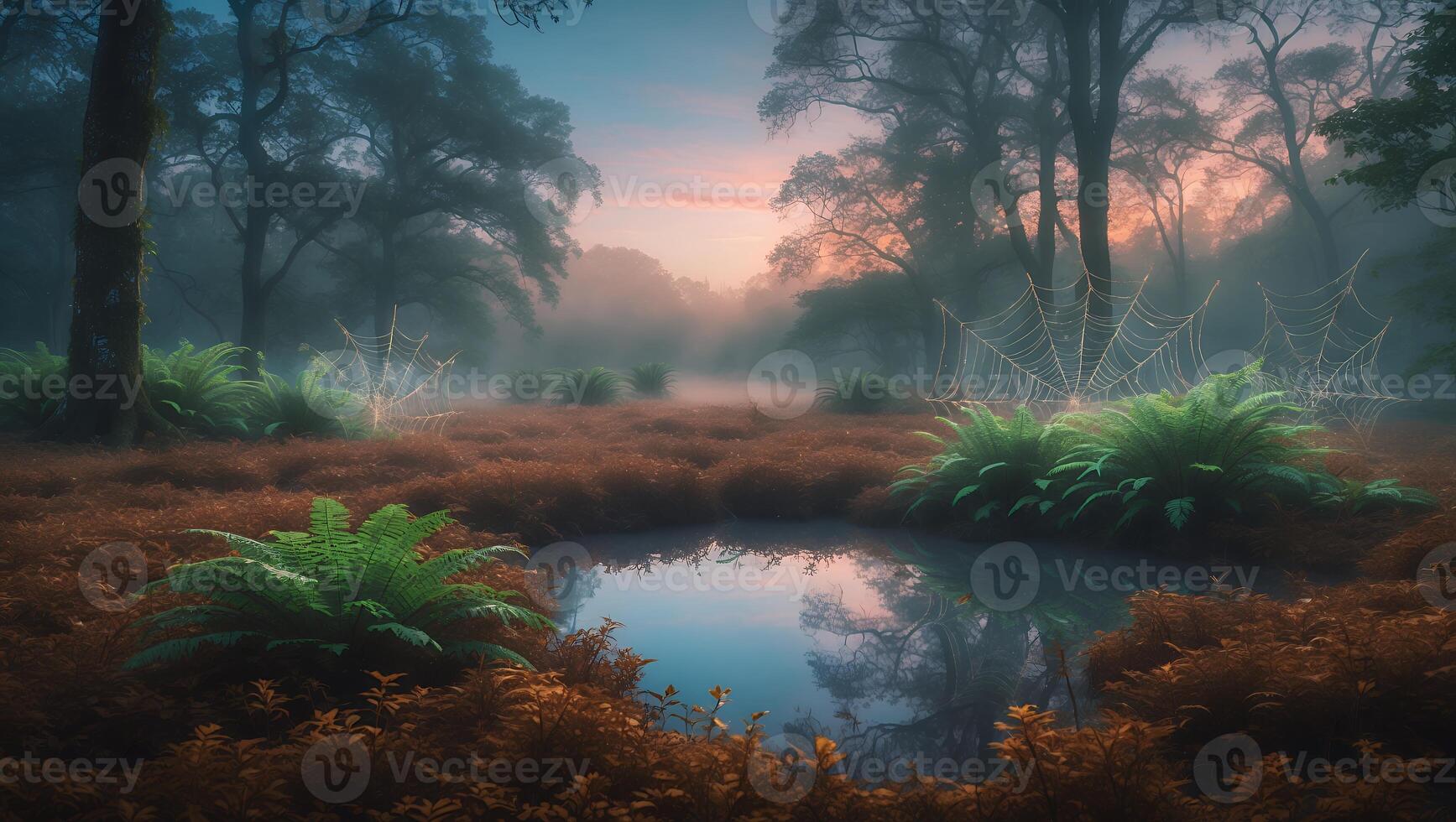 Still Pond Reflecting Misty Forest at Dawn with Cobwebs and Ferns photo